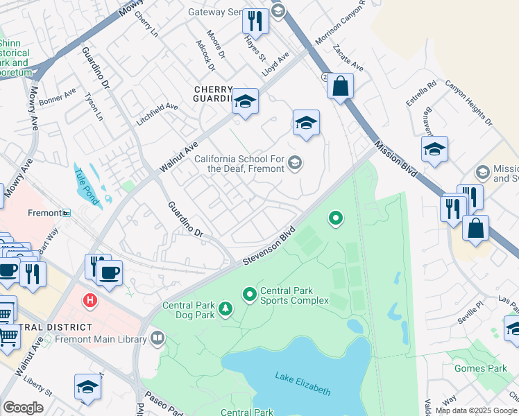 map of restaurants, bars, coffee shops, grocery stores, and more near 39517 Gallaudet Drive in Fremont