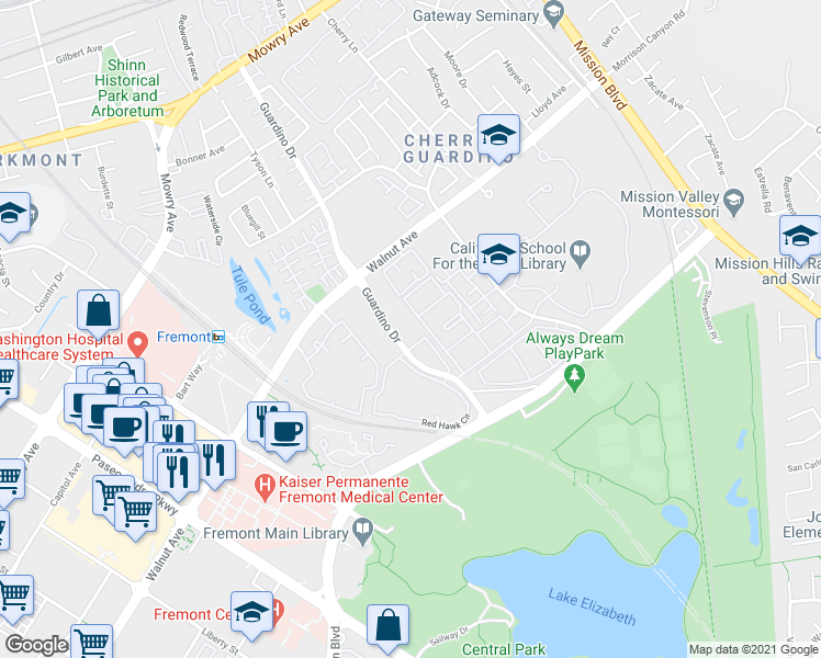 map of restaurants, bars, coffee shops, grocery stores, and more near 39219 Guardino Drive in Fremont