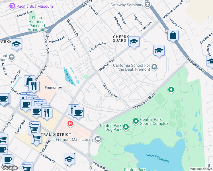 map of restaurants, bars, coffee shops, grocery stores, and more near 39219 Guardino Drive in Fremont