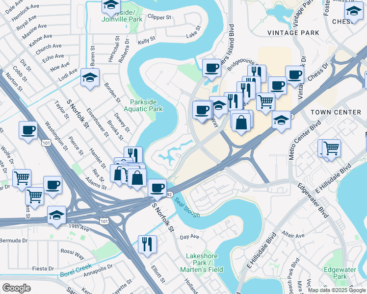 map of restaurants, bars, coffee shops, grocery stores, and more near 111 Harbor Seal Court in San Mateo