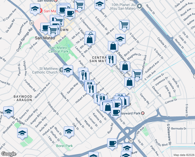 map of restaurants, bars, coffee shops, grocery stores, and more near 37 12th Avenue in San Mateo