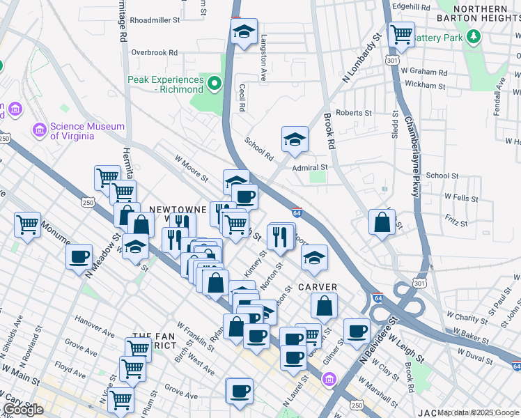 map of restaurants, bars, coffee shops, grocery stores, and more near 1011 North Lombardy Street in Richmond