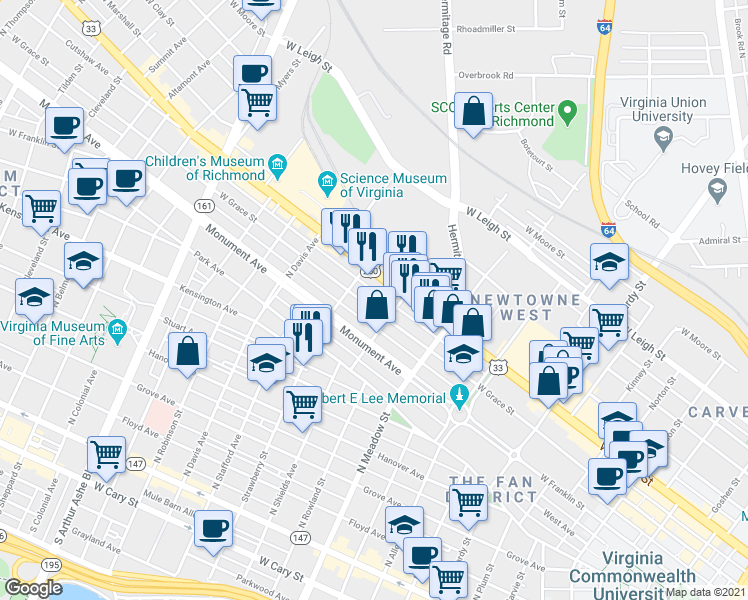 map of restaurants, bars, coffee shops, grocery stores, and more near 2218 Monument Avenue in Richmond