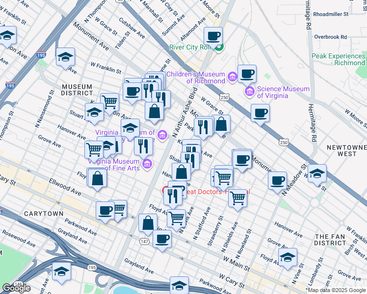 map of restaurants, bars, coffee shops, grocery stores, and more near 2700 Stuart Avenue in Richmond