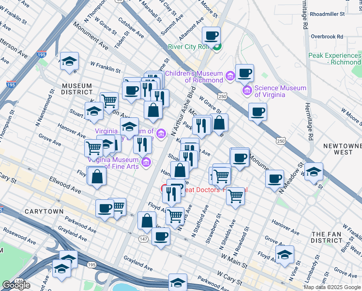 map of restaurants, bars, coffee shops, grocery stores, and more near 2700 Stuart Avenue in Richmond