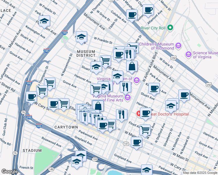 map of restaurants, bars, coffee shops, grocery stores, and more near 3102 Hanover Avenue in Richmond