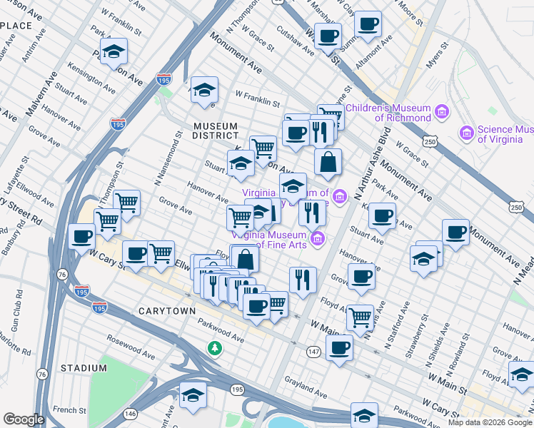map of restaurants, bars, coffee shops, grocery stores, and more near 3102 Hanover Avenue in Richmond