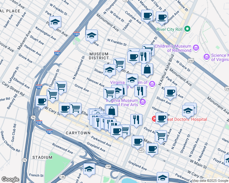 map of restaurants, bars, coffee shops, grocery stores, and more near 3102 Hanover Avenue in Richmond