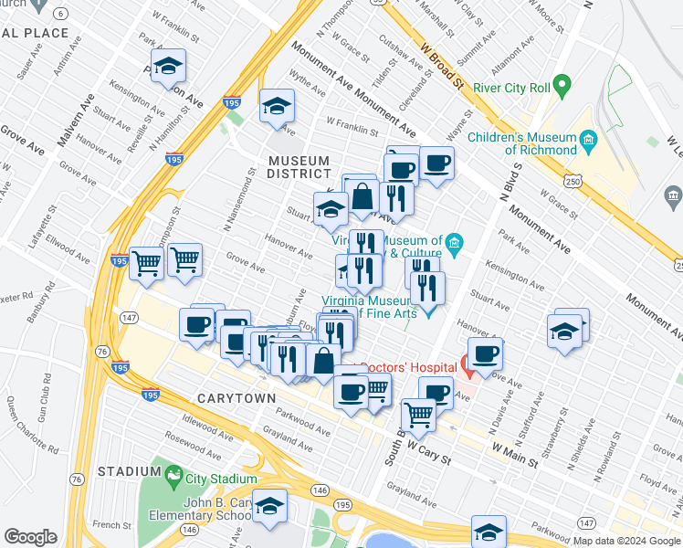 map of restaurants, bars, coffee shops, grocery stores, and more near 3200 Grove Avenue in Richmond
