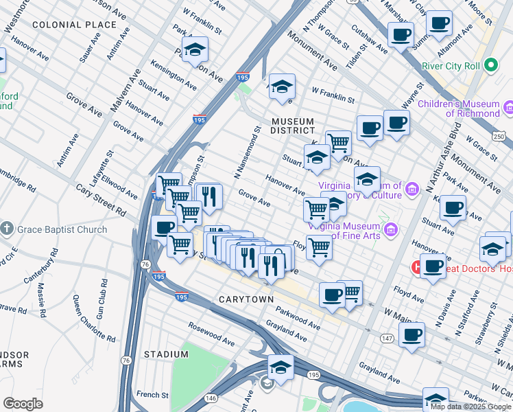 map of restaurants, bars, coffee shops, grocery stores, and more near 100 North Dooley Avenue in Richmond
