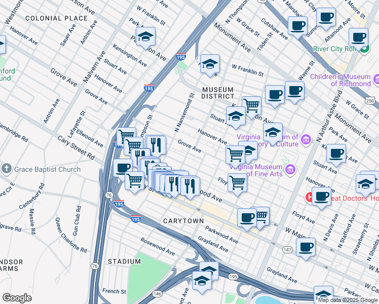 map of restaurants, bars, coffee shops, grocery stores, and more near 3401 Floyd Avenue in Richmond