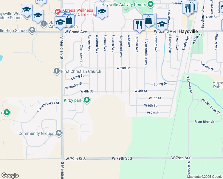 map of restaurants, bars, coffee shops, grocery stores, and more near 909 West 4th Street in Haysville