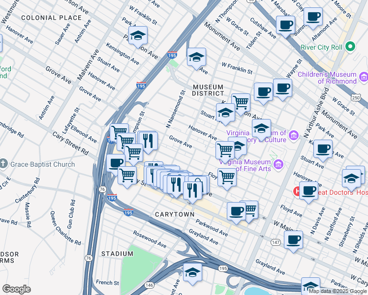 map of restaurants, bars, coffee shops, grocery stores, and more near 100 North Dooley Avenue in Richmond