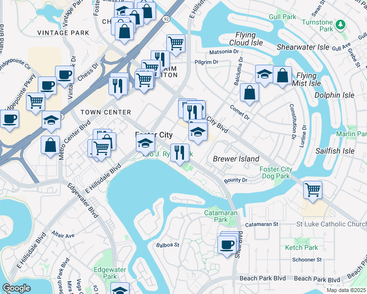 map of restaurants, bars, coffee shops, grocery stores, and more near 1028 Foster Square Lane in Foster City