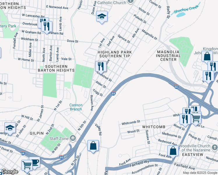 map of restaurants, bars, coffee shops, grocery stores, and more near 1802 5th Avenue in Richmond