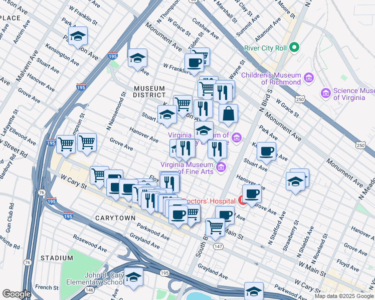 map of restaurants, bars, coffee shops, grocery stores, and more near 3102 Hanover Avenue in Richmond