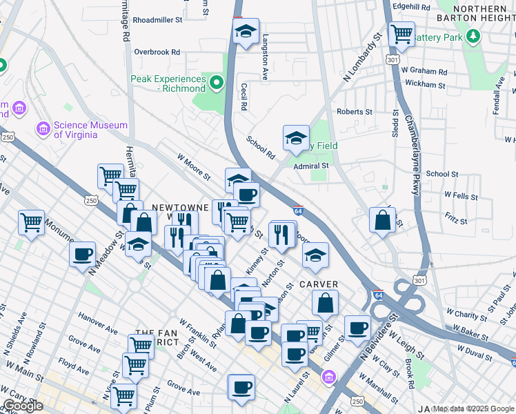 map of restaurants, bars, coffee shops, grocery stores, and more near 1011 North Lombardy Street in Richmond