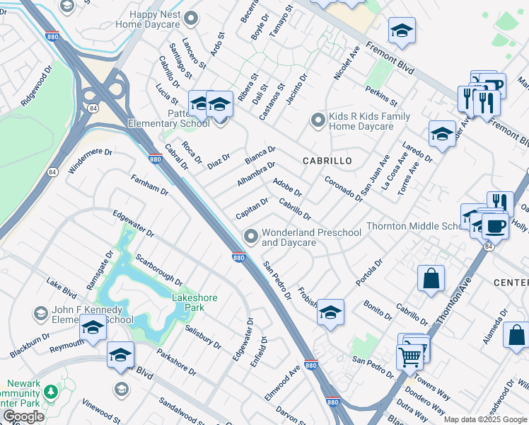 map of restaurants, bars, coffee shops, grocery stores, and more near 35978 Magellan Drive in Fremont