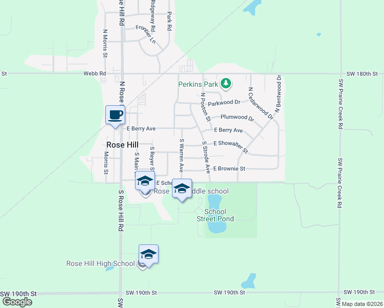 map of restaurants, bars, coffee shops, grocery stores, and more near 404 East Brownie Street in Rose Hill