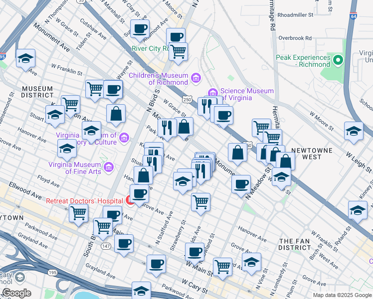 map of restaurants, bars, coffee shops, grocery stores, and more near 605 North Davis Avenue in Richmond