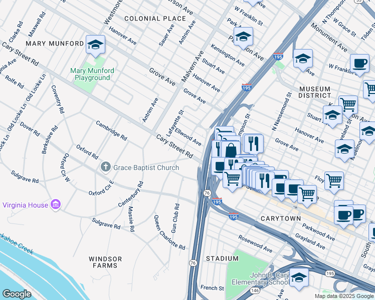 map of restaurants, bars, coffee shops, grocery stores, and more near 3718 Cary Street Road in Richmond