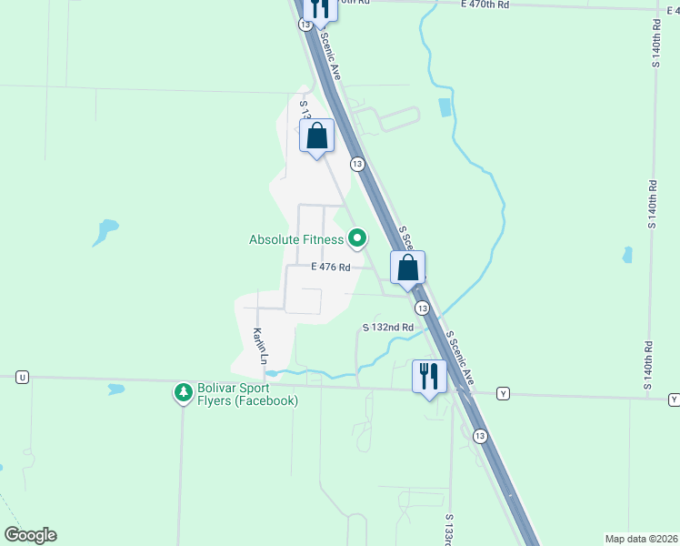 map of restaurants, bars, coffee shops, grocery stores, and more near 1300-1398 East 476 Road in Bolivar