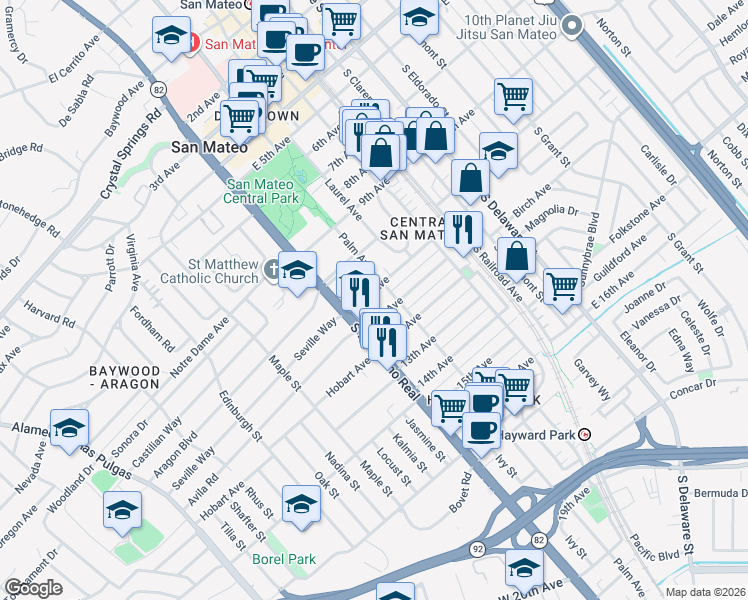 map of restaurants, bars, coffee shops, grocery stores, and more near 34 10th Avenue in San Mateo