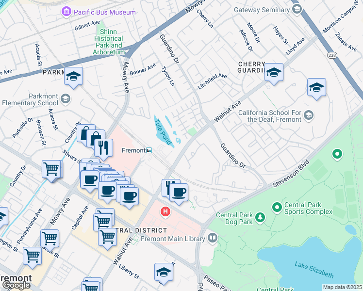 map of restaurants, bars, coffee shops, grocery stores, and more near 1999 Walnut Avenue in Fremont