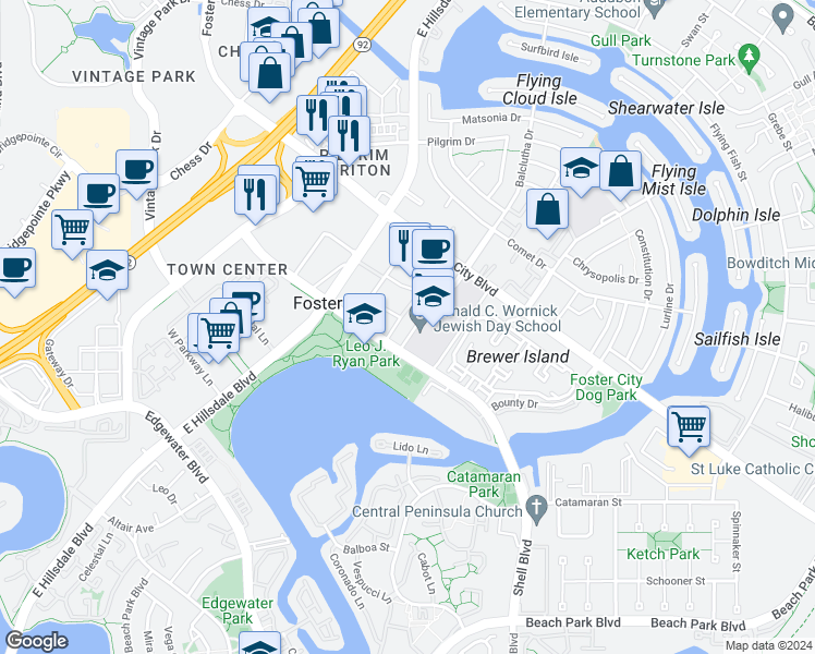 map of restaurants, bars, coffee shops, grocery stores, and more near 1078 Foster Square Lane in Foster City