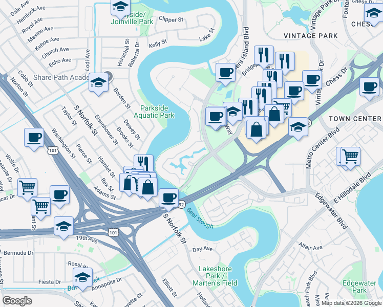 map of restaurants, bars, coffee shops, grocery stores, and more near 950 Shoreline Drive in San Mateo