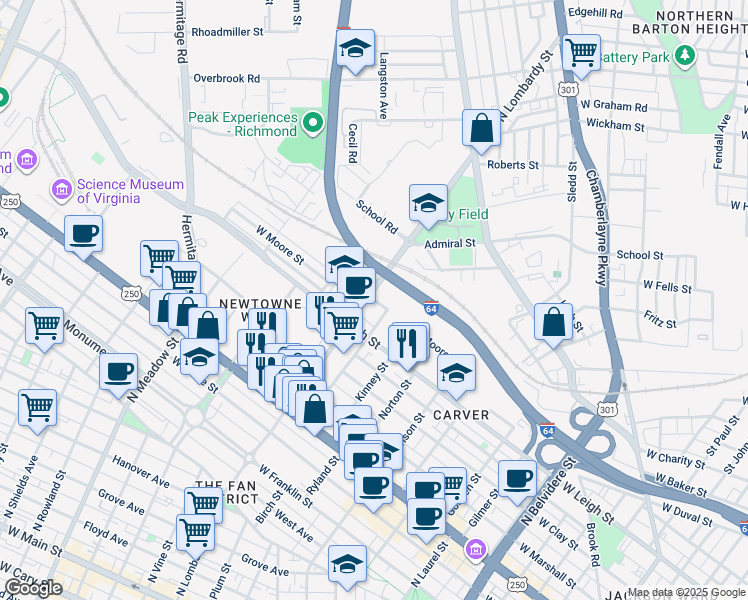 map of restaurants, bars, coffee shops, grocery stores, and more near 1500 West Moore Street in Richmond
