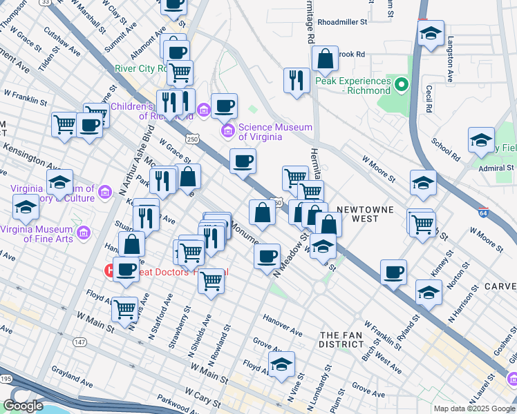 map of restaurants, bars, coffee shops, grocery stores, and more near 2305 West Broad Street in Richmond