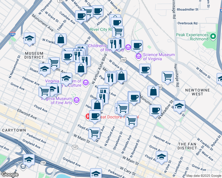map of restaurants, bars, coffee shops, grocery stores, and more near 2619 Park Avenue in Richmond