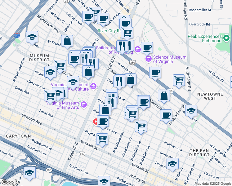 map of restaurants, bars, coffee shops, grocery stores, and more near 2619 Park Avenue in Richmond