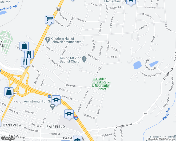 map of restaurants, bars, coffee shops, grocery stores, and more near 2707 Mount Zion Court in Richmond