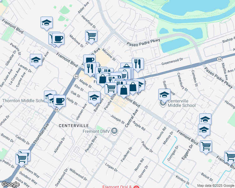 map of restaurants, bars, coffee shops, grocery stores, and more near 37312 Fremont Boulevard in Fremont