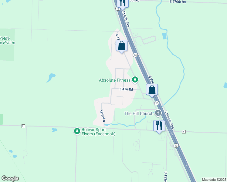 map of restaurants, bars, coffee shops, grocery stores, and more near 1293 East 478th Road in Bolivar
