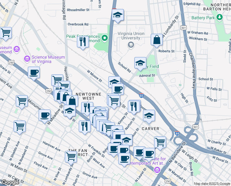 map of restaurants, bars, coffee shops, grocery stores, and more near 1000 North Lombardy Street in Richmond