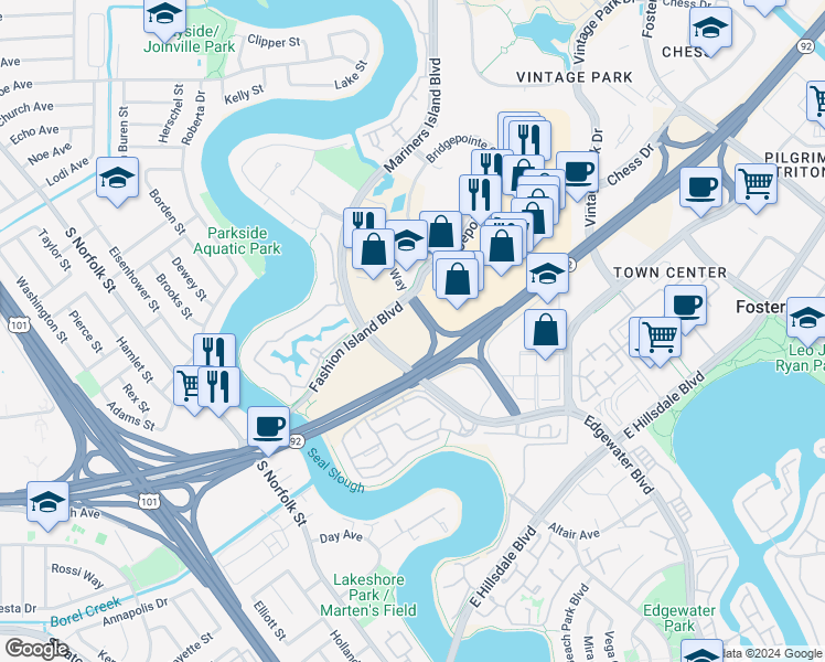 map of restaurants, bars, coffee shops, grocery stores, and more near 1510 Fashion Island Boulevard in San Mateo