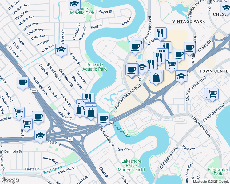 map of restaurants, bars, coffee shops, grocery stores, and more near 953 Shoreline Drive in San Mateo