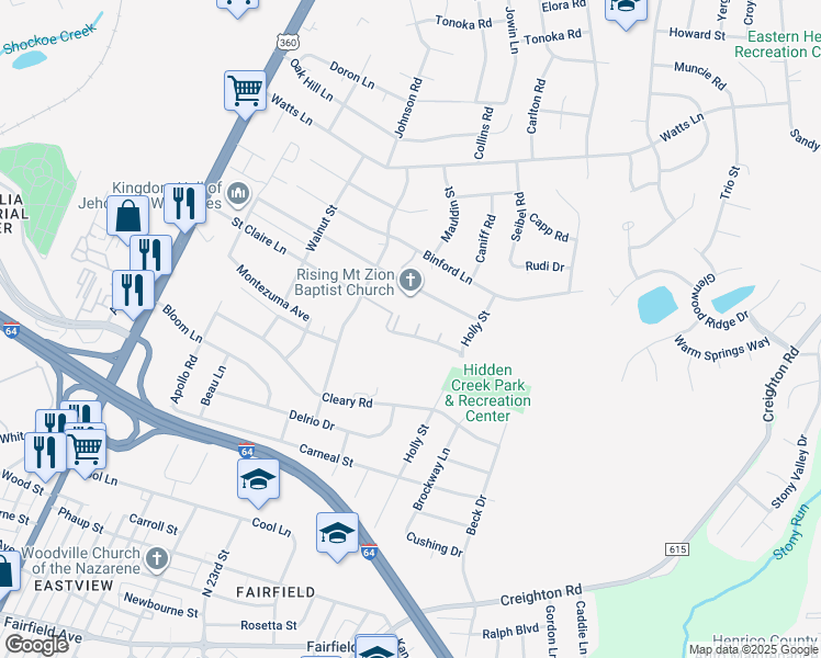 map of restaurants, bars, coffee shops, grocery stores, and more near 2702 Mount Zion Court in Richmond