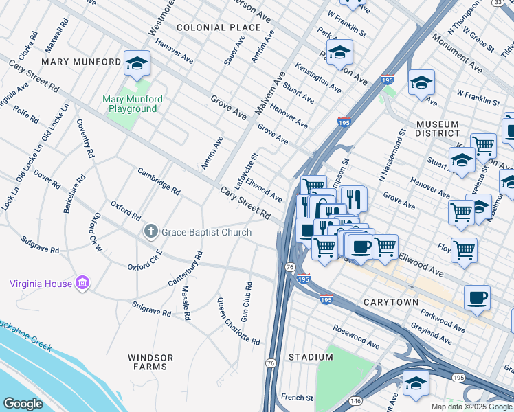 map of restaurants, bars, coffee shops, grocery stores, and more near 3902 Cary Street Road in Richmond