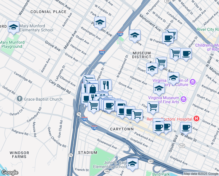 map of restaurants, bars, coffee shops, grocery stores, and more near 3504 Floyd Avenue in Richmond