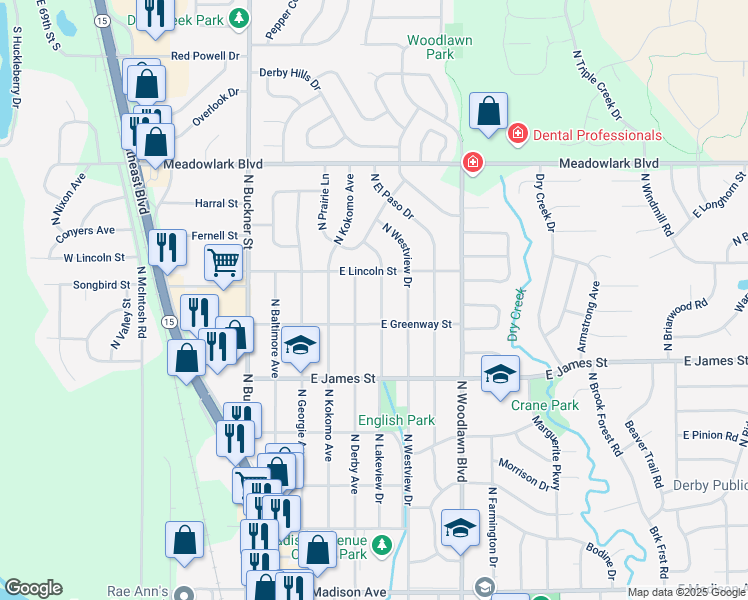 map of restaurants, bars, coffee shops, grocery stores, and more near 1251 North Lakeview Drive in Derby