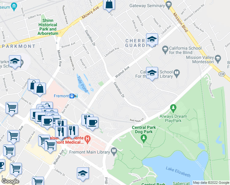 map of restaurants, bars, coffee shops, grocery stores, and more near 39059 Guardino Drive in Fremont