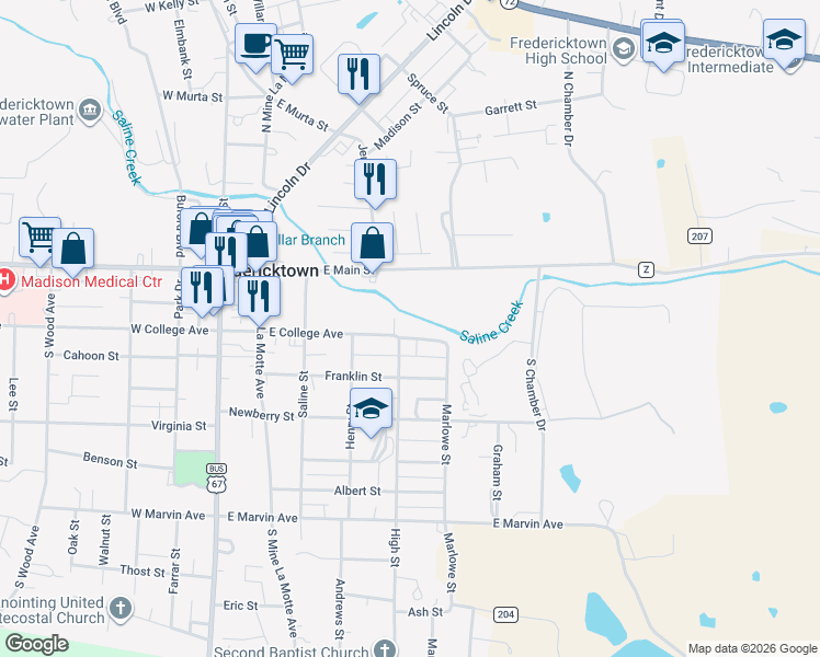 map of restaurants, bars, coffee shops, grocery stores, and more near 504 East College Avenue in Fredericktown
