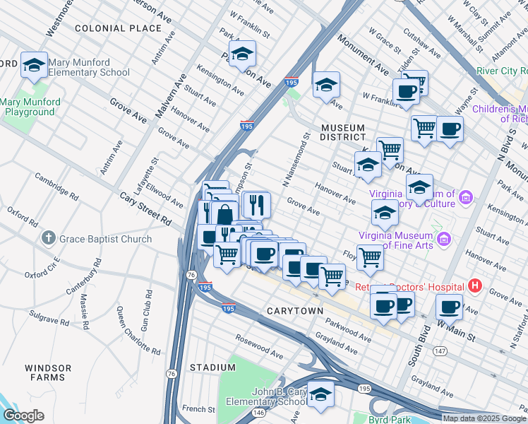 map of restaurants, bars, coffee shops, grocery stores, and more near 3506 Floyd Avenue in Richmond