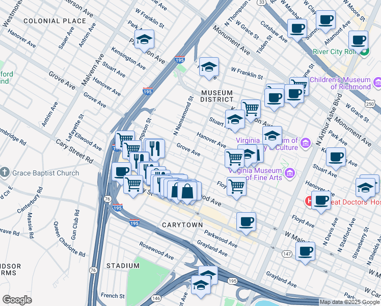 map of restaurants, bars, coffee shops, grocery stores, and more near 3327 Grove Avenue in Richmond