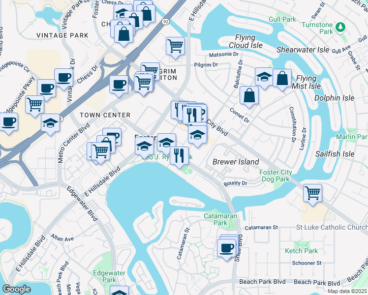 map of restaurants, bars, coffee shops, grocery stores, and more near 1028 Foster Square Lane in Foster City