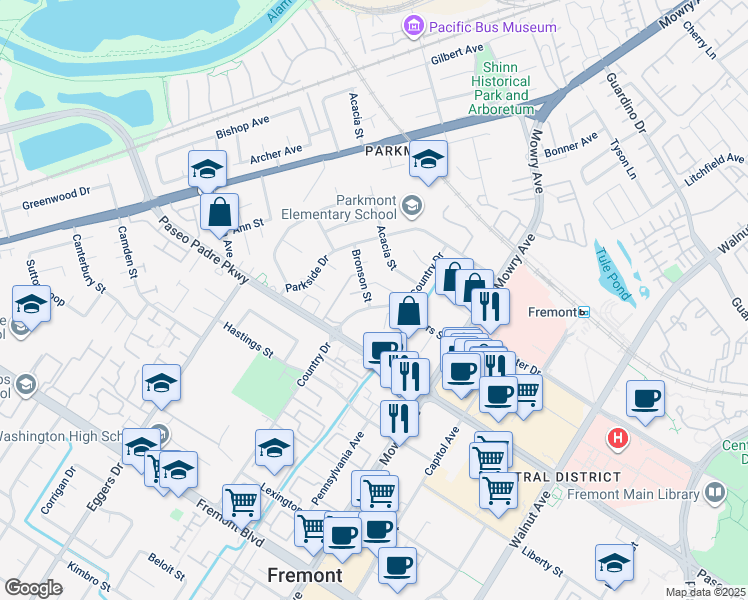 map of restaurants, bars, coffee shops, grocery stores, and more near 2685 Cabot Court in Fremont